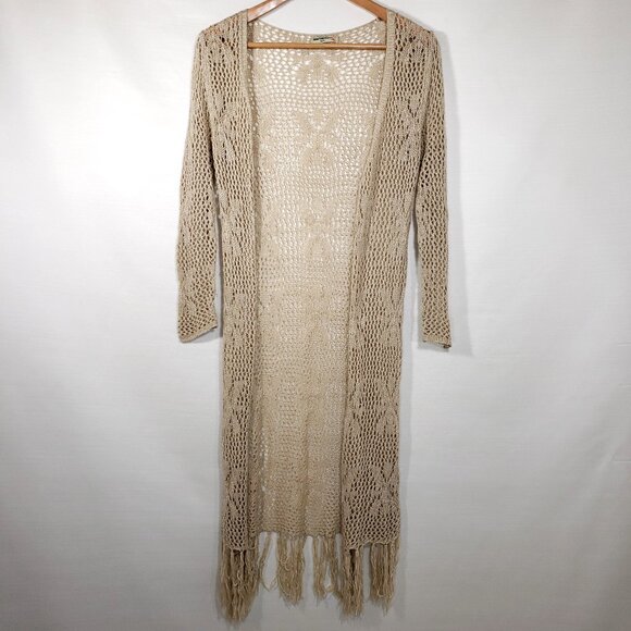 Vintage Sweaters - Y2K Vintage Western Boho Fringe Open Knit Duster Cardigan Sweater in light brown